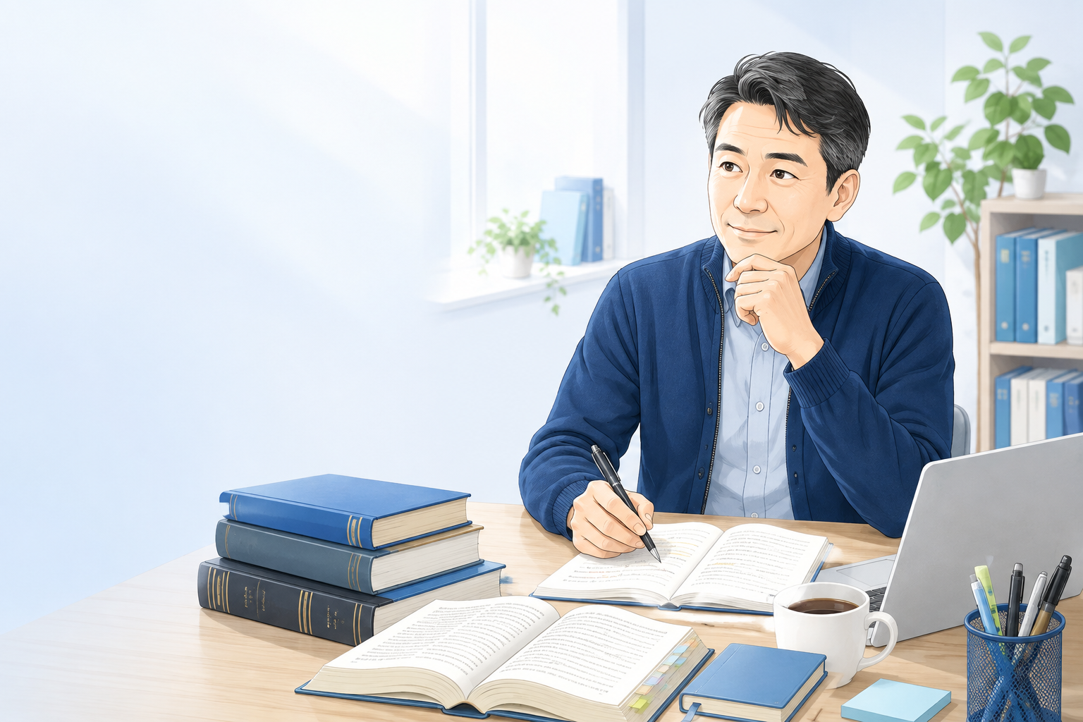 机で法律書とノートを広げ、行政書士試験を勉強する男性